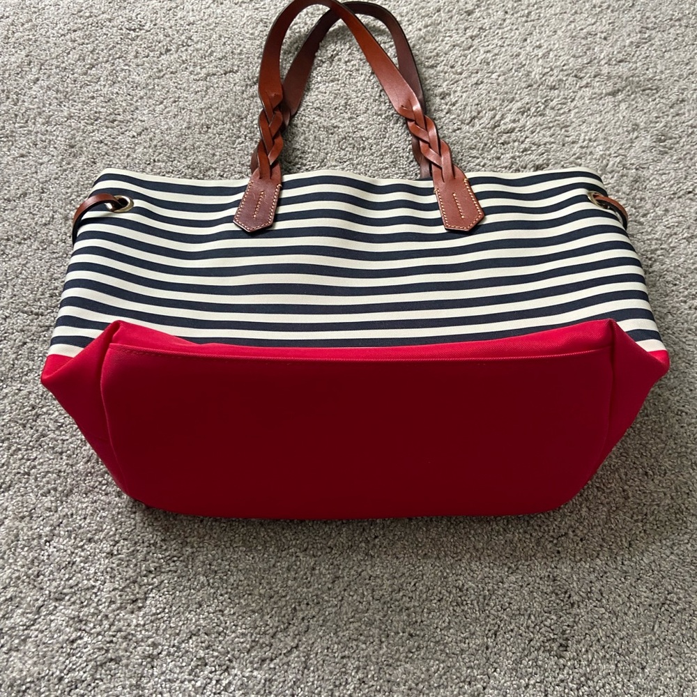 Red, white,  and navy blue striped Tote Bag w/leather straps. - Picture 2 of 5